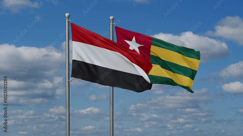 Togo, Togolese Republic and Yemen flags flying together, video concept of the relationship, two country cooperation concept Togo, Togolese Republic and Yemen flags flying together, video concept of the relationship, two country cooperation concept