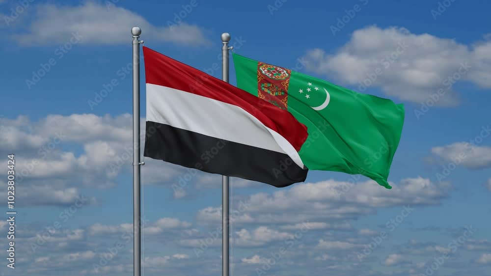 Turkmenistan and Yemen flags flying together, video concept of the relationship, two country cooperation concept Turkmenistan and Yemen flags flying together, video concept of the relationship, two country cooperation concept