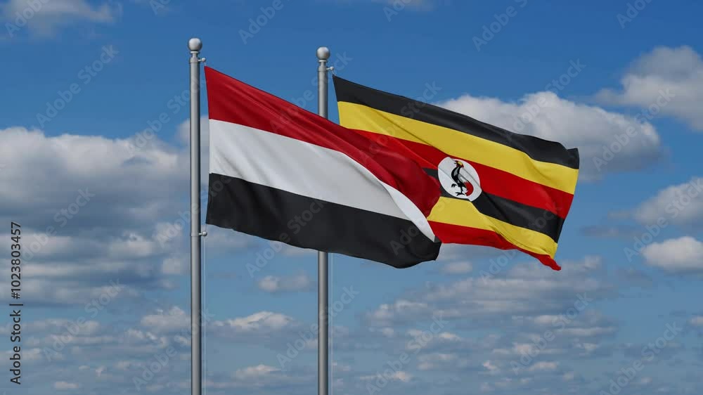 Republic of Uganda and Yemen flags flying together, video concept of the relationship, two country cooperation concept Republic of Uganda and Yemen flags flying together, video concept of the relationship, two country cooperation concept