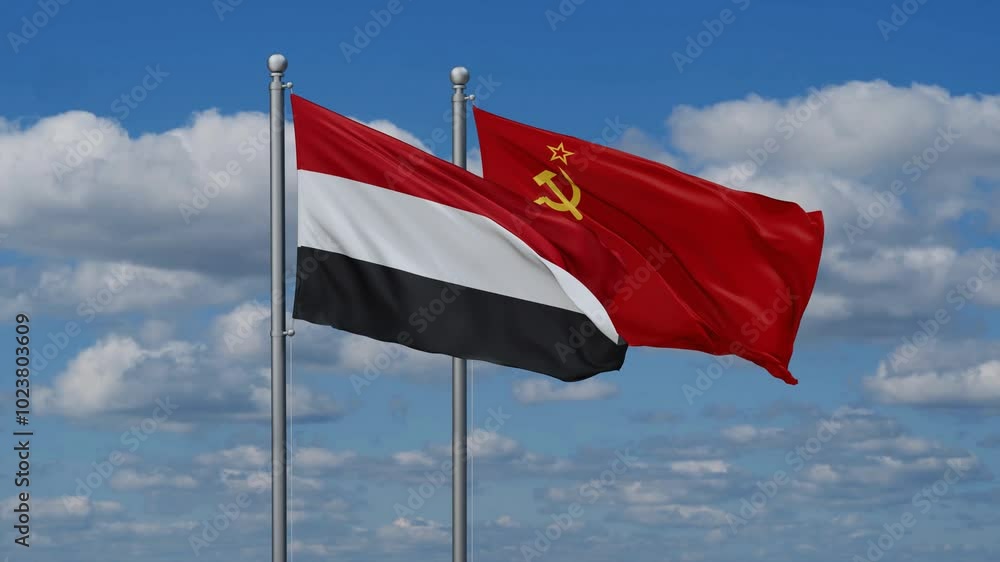 Soviet Union or USSR and Yemen flags flying together, video concept of the relationship, two country cooperation concept Soviet Union or USSR and Yemen flags flying together, video concept of the relationship, two country cooperation concept
