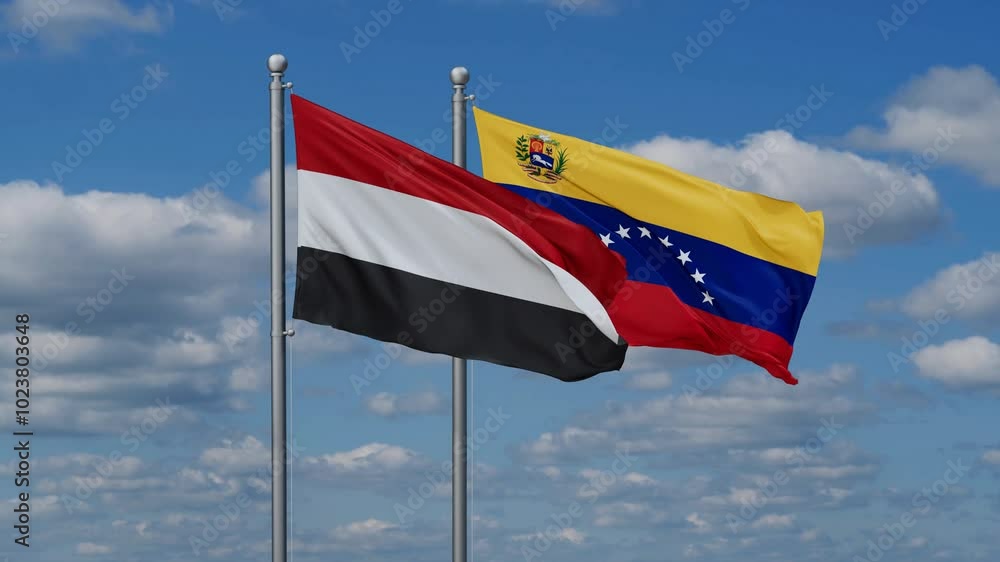 Venezuela and Yemen flags flying together, video concept of the relationship Venezuela and Yemen flags flying together, video concept of the relationship