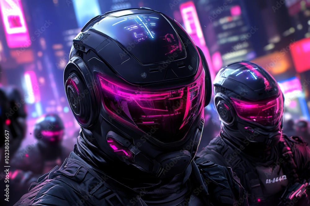 Cyber soldiers equipped with advanced robotic limbs and AI-enhanced helmets, moving through a dystopian cityscape with neon-lit buildings in the background Cyber soldiers equipped with advanced robotic limbs and AI-enhanced helmets, moving through a dystopian cityscape with neon-lit buildings in the background