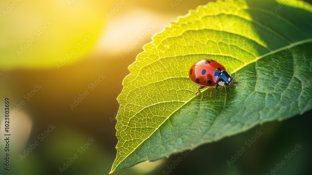 Bright Ladybug Resting on Green Leaf in Nature Bright Ladybug Resting on Green Leaf in Nature