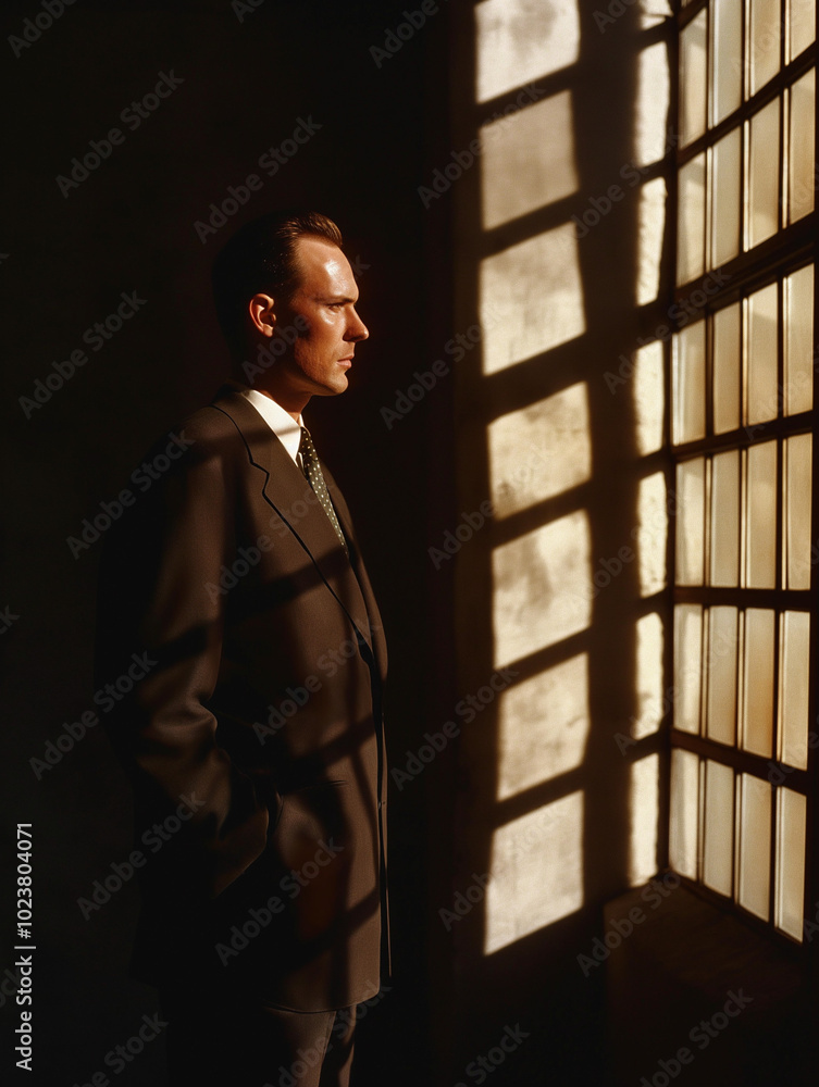 Golden age 1950s BUSINESSMAN in a suit, in the shadows, old film style photography, grainy, sepia Golden age 1950s BUSINESSMAN in a suit, in the shadows, old film style photography, grainy, sepia
