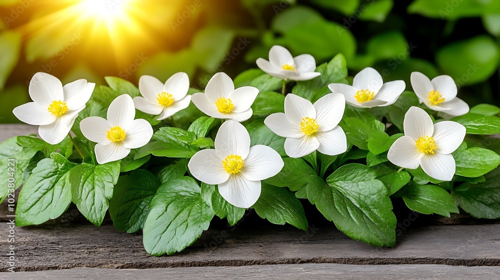 Obraz premium A cluster of delicate white flowers with yellow centers, surrounded by green leaves, on a wooden surface with a bright sun shining in the background.
