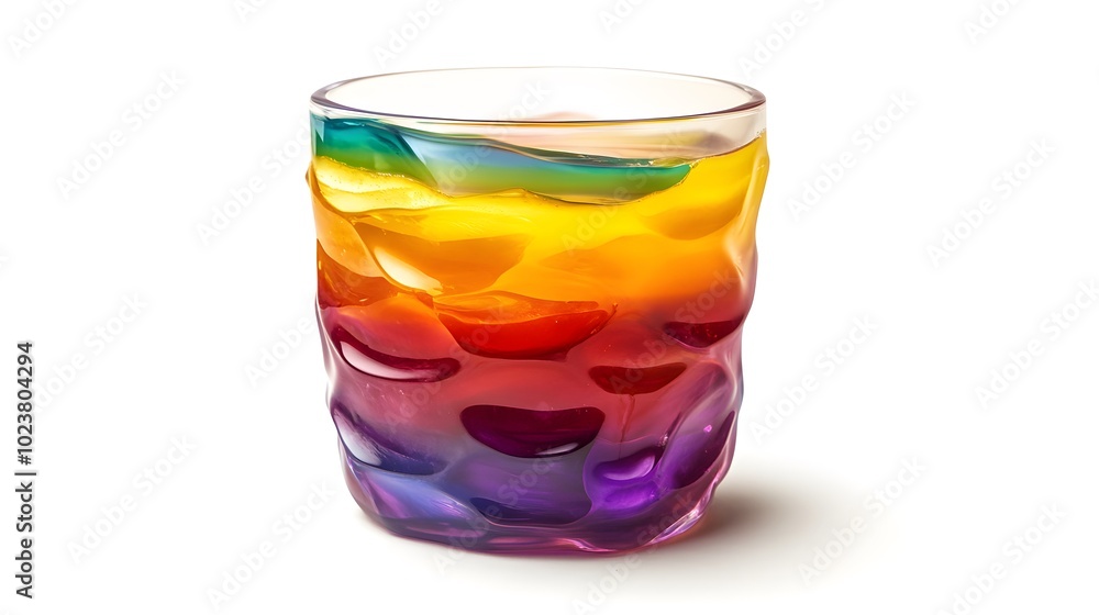 Vibrant rainbow glass tumbler with textured design on white background Vibrant rainbow glass tumbler with textured design on white background