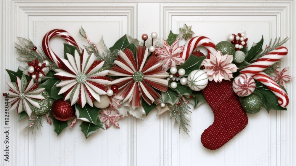 A charming red Christmas bouquet adorned with a plush stocking and glass ornaments hangs on an isolated door, creating a festive holiday atmosphere with candy-themed decorations A charming red Christmas bouquet adorned with a plush stocking and glass ornaments hangs on an isolated door, creating a festive holiday atmosphere with candy-themed decorations