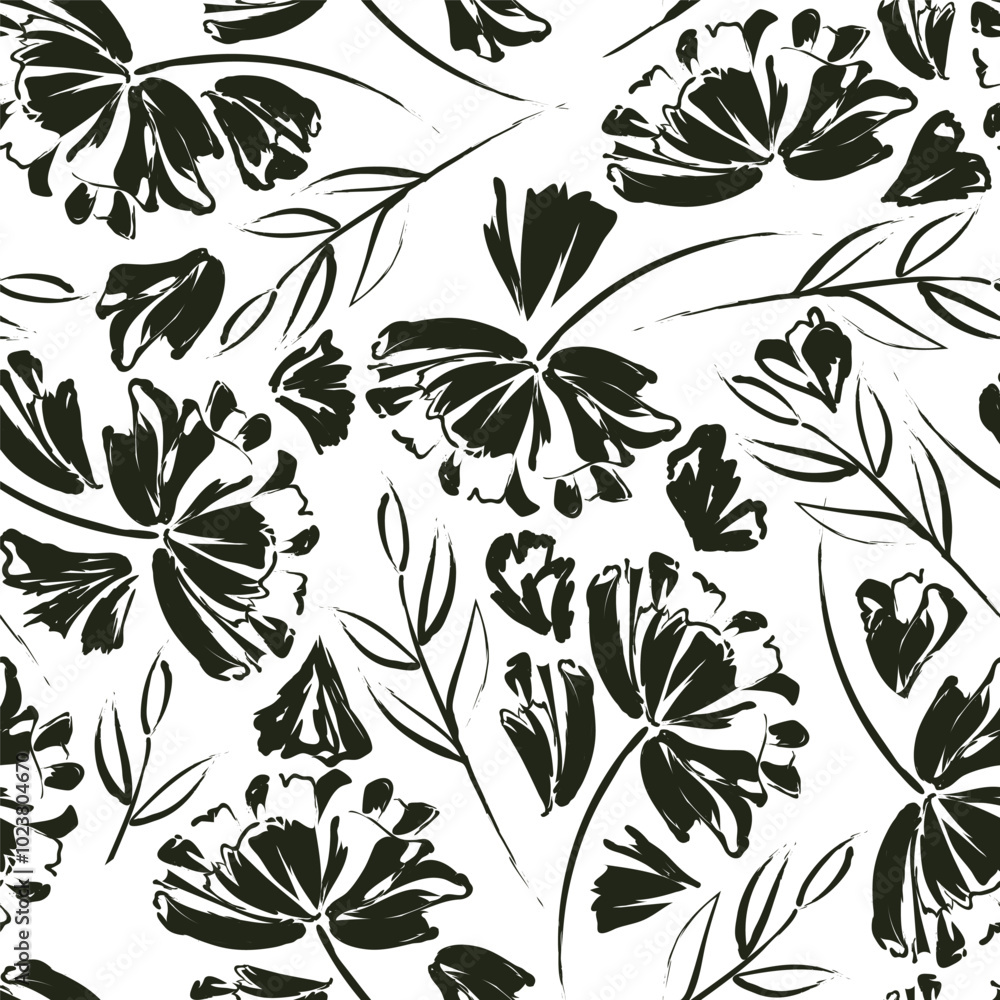 seamless pattern of white outline doodle drawing flowers. white flowers on a black background. Vector modern art illustration for printing on wallpaper, fabric, cover, template seamless pattern of white outline doodle drawing flowers. white flowers on a black background. Vector modern art illustration for printing on wallpaper, fabric, cover, template