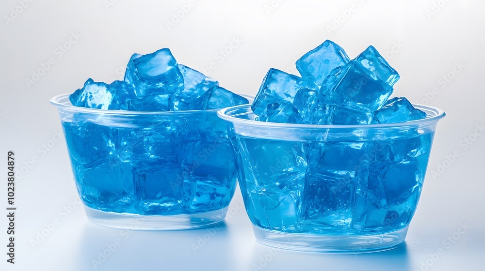 Refreshing blue jelly cubes in clear plastic bowls on light background Refreshing blue jelly cubes in clear plastic bowls on light background