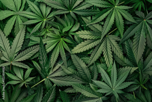 Close-up of a green cannabis plant with many leaves. The leaves are very green and appear moist.