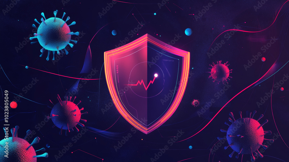 Fototapeta premium This website design uses a shield with a modern, geometric look to represent protection from viruses like the one that started in Wuhan, China. It's about health and how science fights disease.