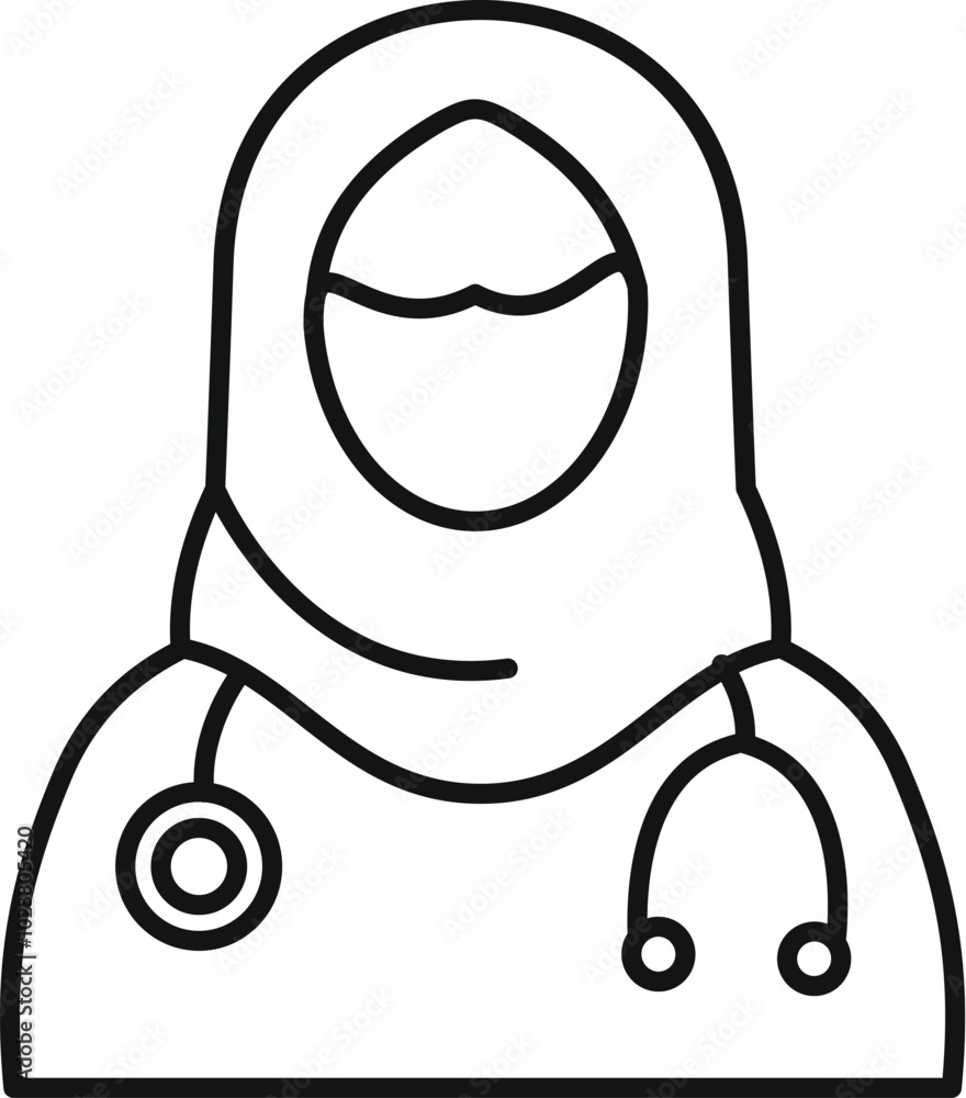 Simple line icon of a female medical professional wearing hijab and a stethoscope Simple line icon of a female medical professional wearing hijab and a stethoscope
