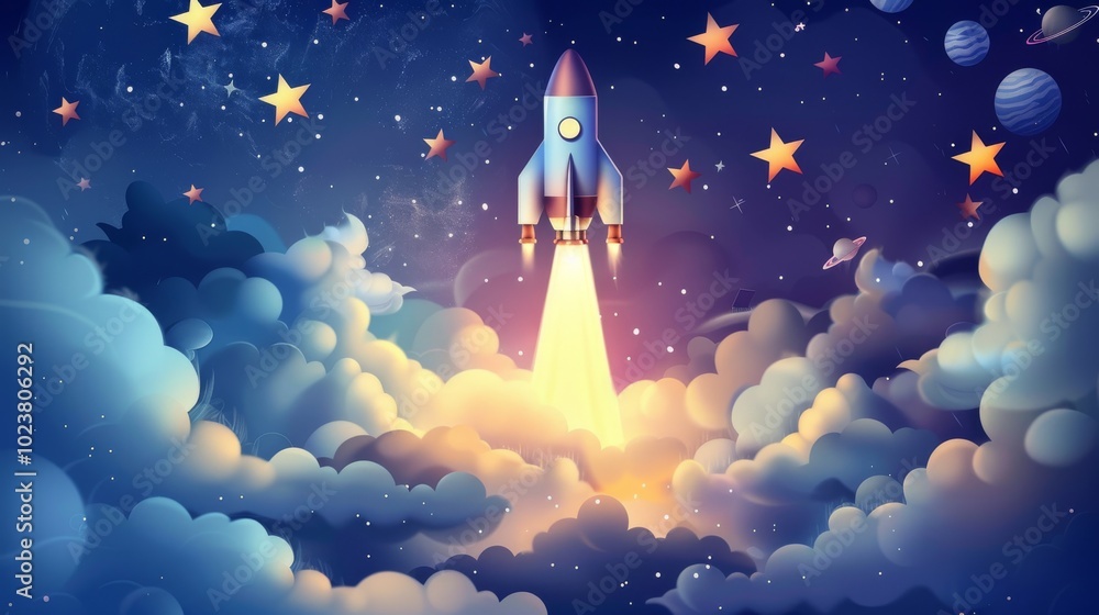 Conceptual business idea with rocket ship and stars Conceptual business idea with rocket ship and stars
