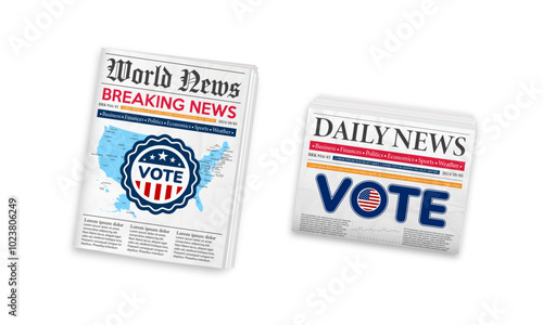 Vote 2024. Daily newspaper journal Presidential election day in the United States.  Election 2024 USA. Vertical and folded newspaper layout. Vector illustration.