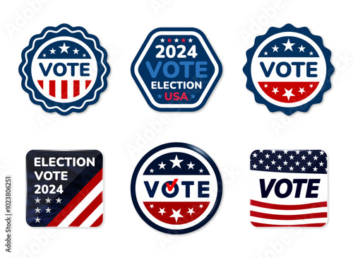 Vote badges. Presidential election day in the United States. Set Stickers Vote 2024. Label Election 2024 USA isolated background. Vector illustration.