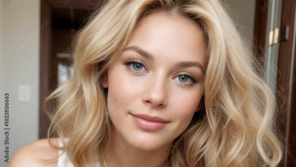 A young Caucasian woman with fair skin and wavy blonde hair cascading past her shoulders. She has striking blue eyes, well-defined eyebrows, and a subtle, natural makeup look. A young Caucasian woman with fair skin and wavy blonde hair cascading past her shoulders. She has striking blue eyes, well-defined eyebrows, and a subtle, natural makeup look.