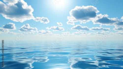 A wide shot of a calm ocean with a bright blue sky and fluffy white clouds.