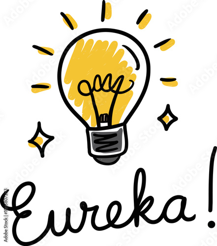 Hand-drawn light bulb illustration with 'Eureka!' in cursive