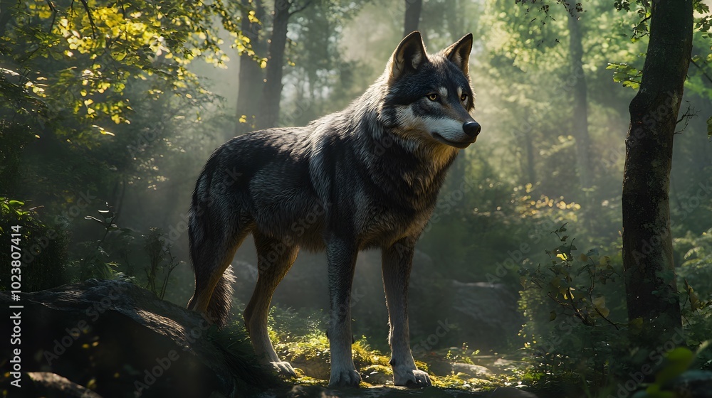 A majestic wolf stands tall in the misty forest A majestic wolf stands tall in the misty forest