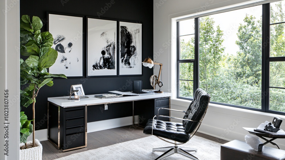 Contemporary home office with sleek furniture, natural lighting, and modern wall art, copy space Contemporary home office with sleek furniture, natural lighting, and modern wall art, copy space