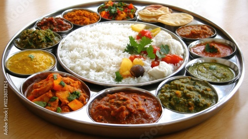 Colorful Indian Thali with Rice and Various Dishes