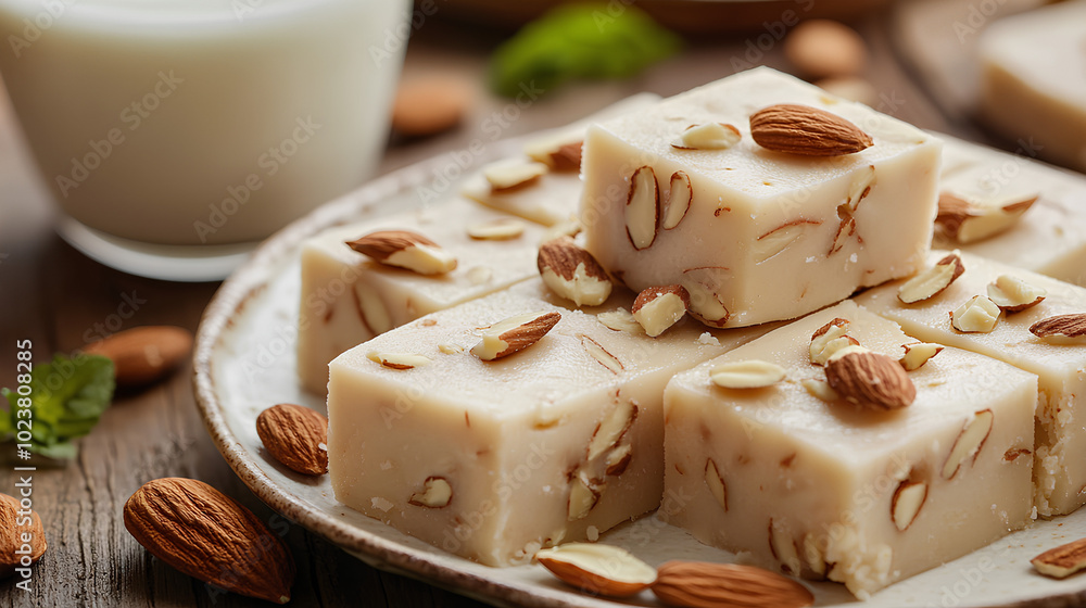 Plate of almond fudge with nuts on top Plate of almond fudge with nuts on top