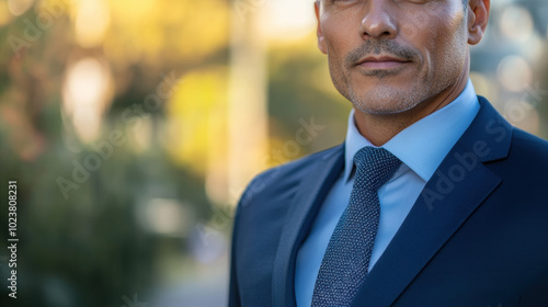 A man in a suit and tie is standing in front of a green tree