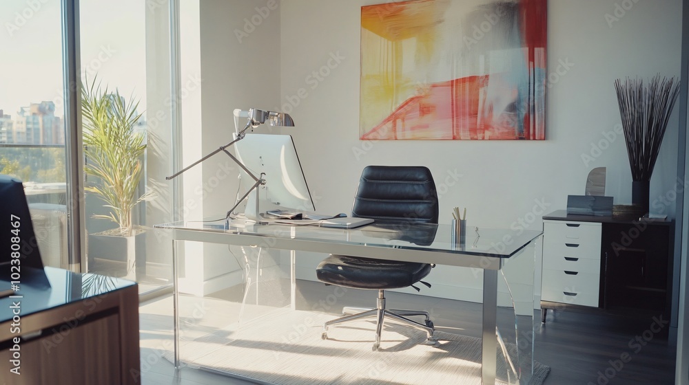 Fototapeta premium Contemporary home office with sleek furniture, natural lighting, and modern wall art, copy space