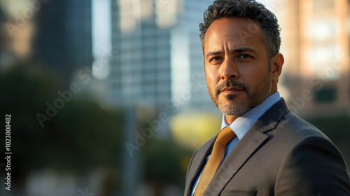 A man in a suit and tie stands in front of a building