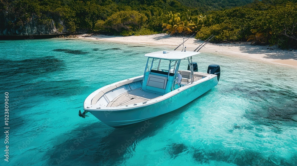 A White Boat Anchored in Clear Blue Water Near a Tropical Shoreline A White Boat Anchored in Clear Blue Water Near a Tropical Shoreline