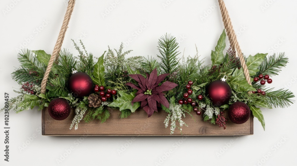 The Christmas wreath, adorned with vibrant red ornaments and a decorative bow, is suspended from a rope hanger on a sleek dark wall, enhancing the holiday atmosphere The Christmas wreath, adorned with vibrant red ornaments and a decorative bow, is suspended from a rope hanger on a sleek dark wall, enhancing the holiday atmosphere