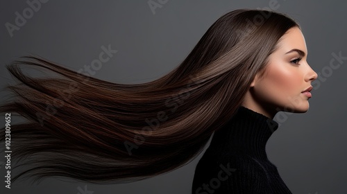 Profile of a woman with long straight silky hair coloured black. Ideal image of a beautiful brunette with hair developing in the wind. Feminine image of natural beauty. Illustration for fashion design