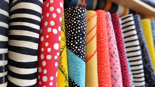 A close-up of colorful fabric with various patterns, including stripes and dots in bright colors, folded into geometric shapes