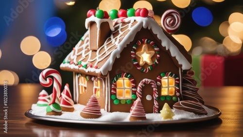 A festive gingerbread house decorated for Christmas featuring candy canes berries holly and sprinkles on an icing base. photo