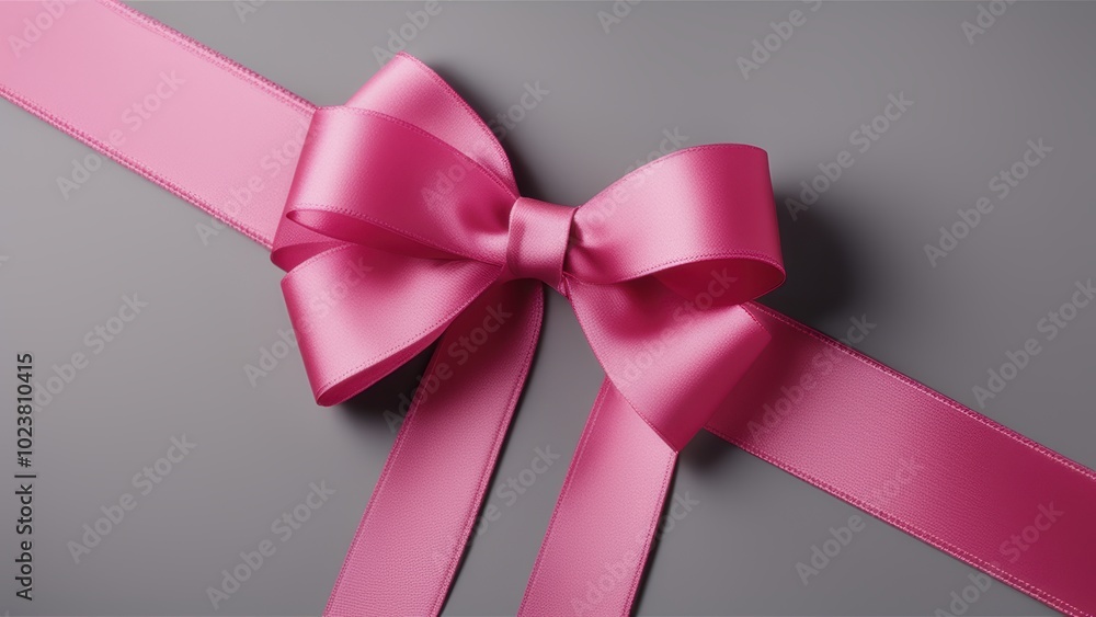 A large shiny pink bow tied neatly over a gray gift box or bag. A large shiny pink bow tied neatly over a gray gift box or bag.