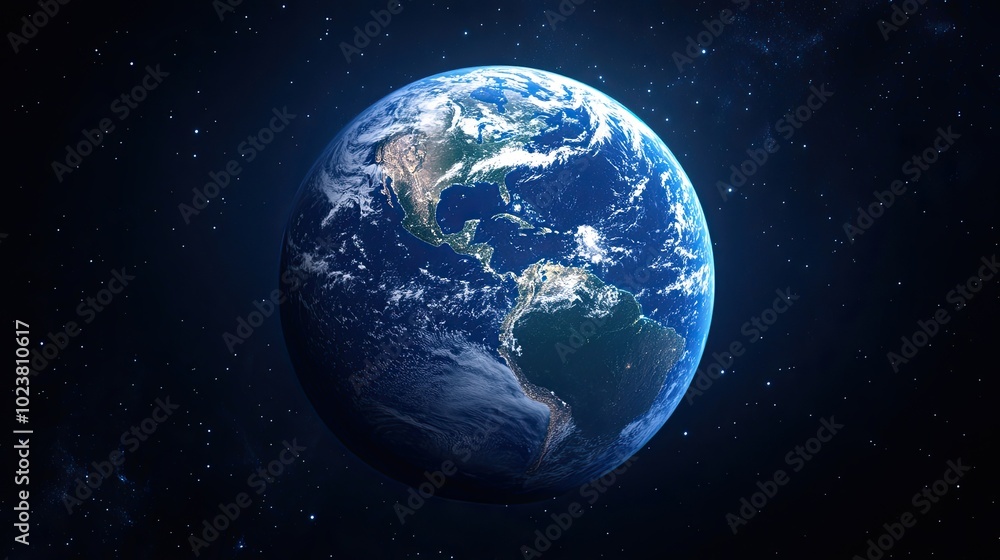 Fototapeta premium Earth, view from space. Illustration for cover, postcard, greeting card, interior design, banner, poster, brochure or presentation.