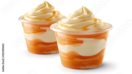 Delicious vanilla soft serve swirled with rich caramel in clear cups photo