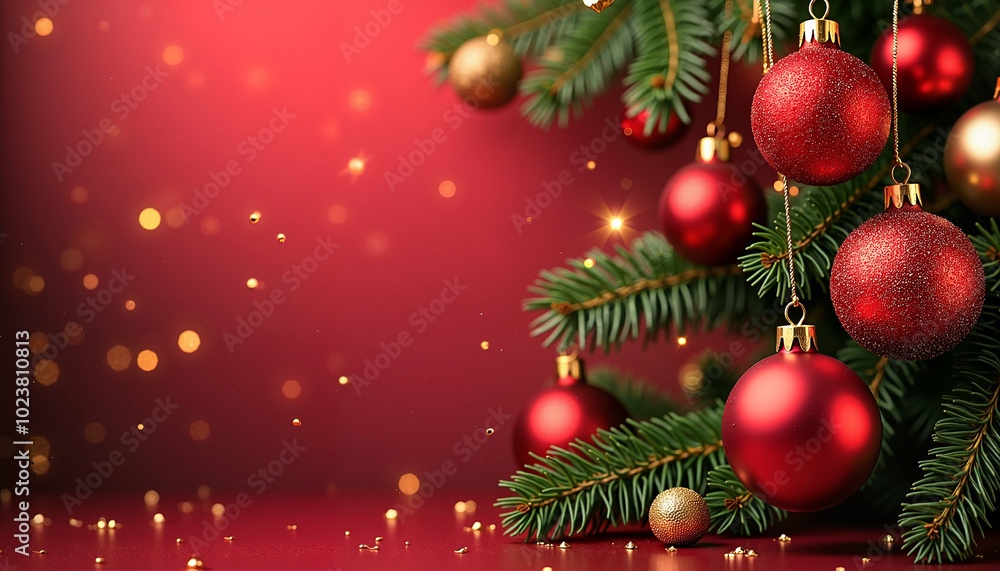 Christmas tree decorated with red and gold balls surrounded by festive sparkles Christmas tree decorated with red and gold balls surrounded by festive sparkles