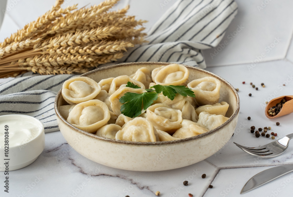 Traditional Russian dumplings served with sour cream and garnished with parsley. Concept of homemade food, Slavic cuisine, and cozy family dinner. Traditional Russian dumplings served with sour cream and garnished with parsley. Concept of homemade food, Slavic cuisine, and cozy family dinner.