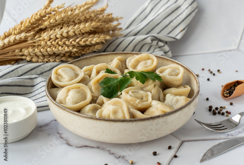 Traditional Russian dumplings served with sour cream and garnished with parsley. Concept of homemade food, Slavic cuisine, and cozy family dinner.