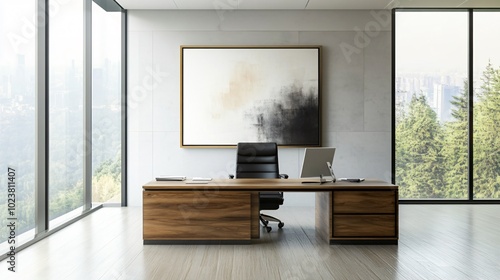Contemporary home office with sleek furniture, natural lighting, and modern wall art, copy space