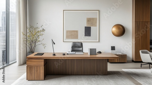 Contemporary home office with sleek furniture, natural lighting, and modern wall art, copy space