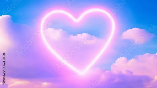 Neon pink heart glowing against a dreamy cloudy sky backdrop. perfect for romantic, Vaalentine's day designs or dreamy abstract artworks photo