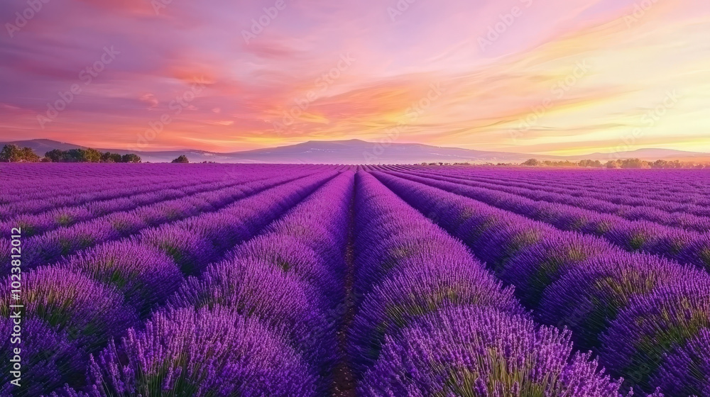 Obraz premium Lavender fields at sunset with golden light over a beautiful rural landscape