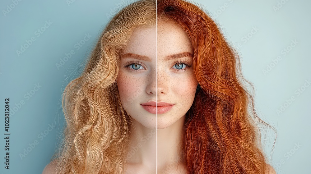 Obraz premium before and after split image of a woman's hair transformation, showcasing beauty treatment and hair care concepts