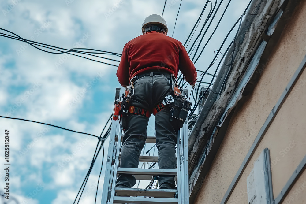man standing on a ladder, view from behind - electrician - installing cables at newly built house wall near roof man standing on a ladder, view from behind - electrician - installing cables at newly built house wall near roof