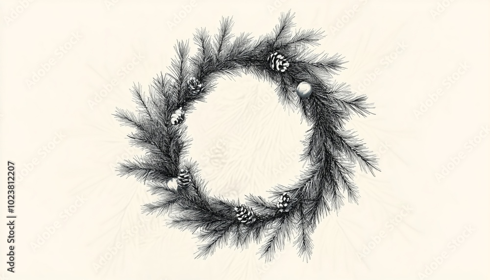 Fototapeta premium A black and white illustration of a pine wreath with pinecones, creating a minimalistic yet elegant display.