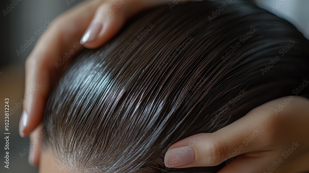 Obraz premium close-up of a woman's hand massaging her hairline before and after baldness treatment, highlighting the effects of cosmetic gel or shampoo