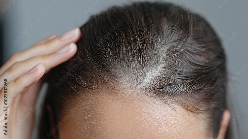 Fototapeta premium close-up of a woman's hand massaging her hairline before and after baldness treatment, highlighting the effects of cosmetic gel or shampoo