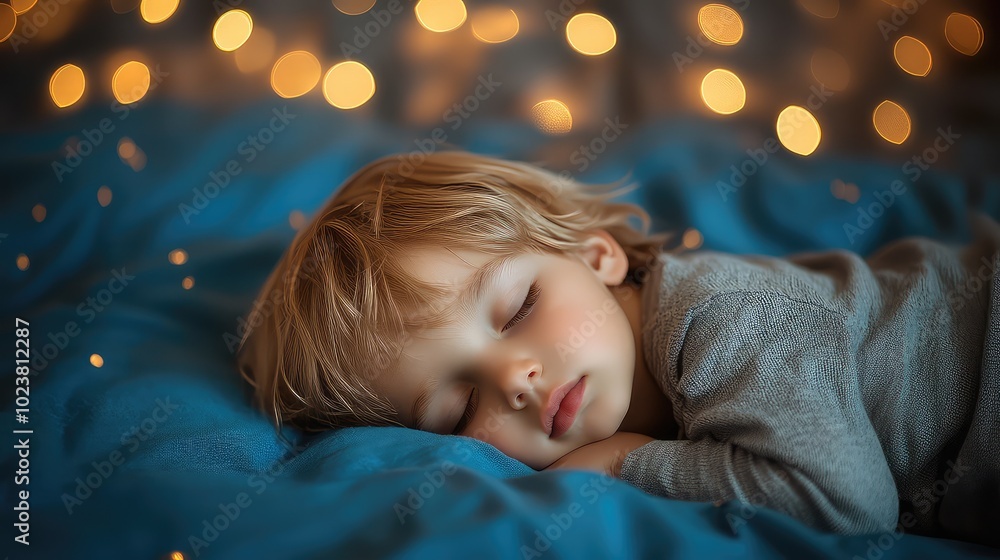 photograph of a cute little boy sleeping on a bed with a blue background and starry lights photograph of a cute little boy sleeping on a bed with a blue background and starry lights